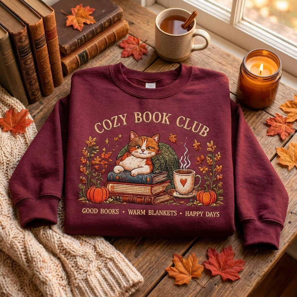 Cozy Book Club Embroidered Sweatshirt, Fall Cat Books Sweatshirt, Pumpkin Coffee Sweater, Book Lover Gift, Autumn Reading Sweatshirt