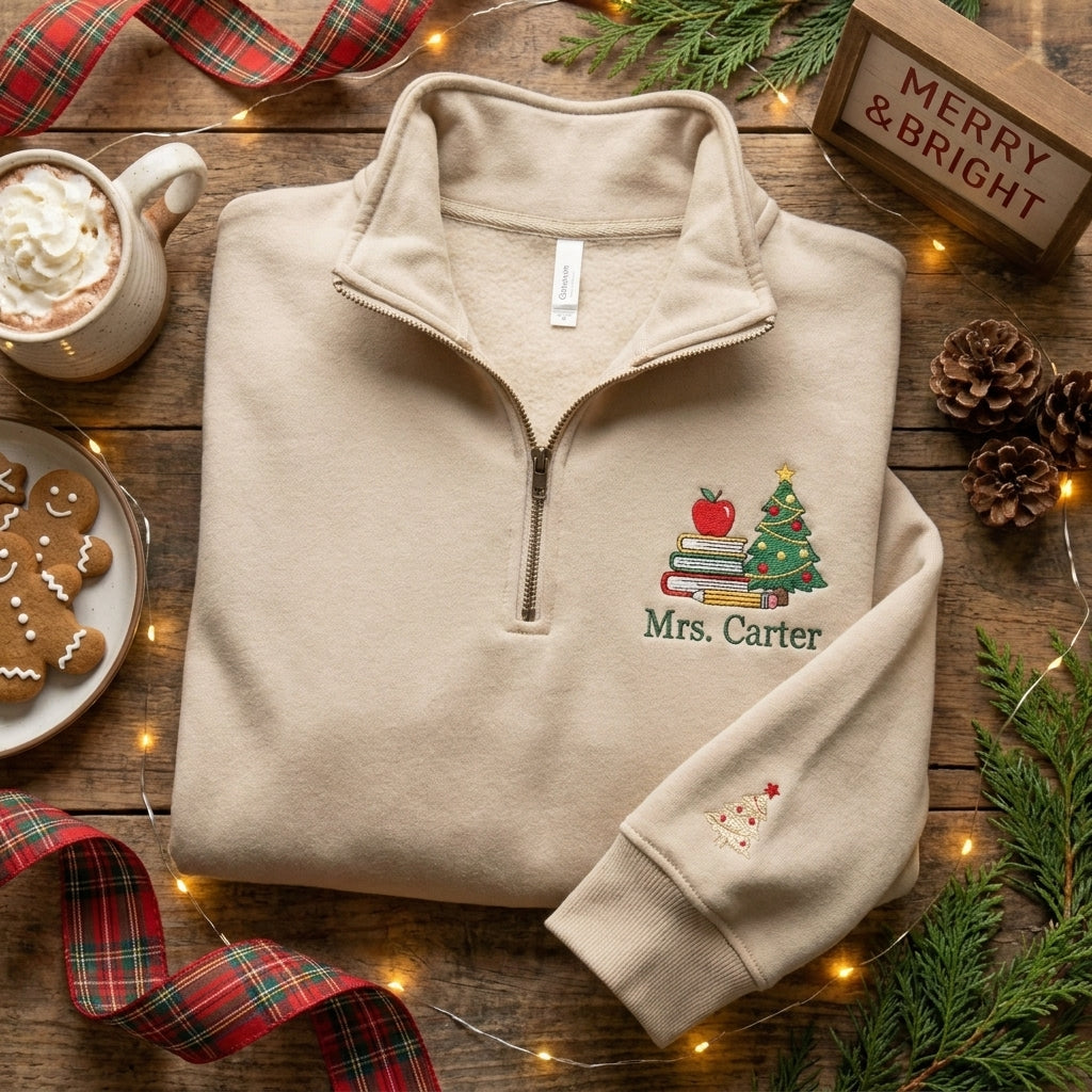 Personalized Teacher Christmas Quarter Zip, Embroidered Teacher Name Pullover, Christmas Teacher Gift, Apple Books Holiday Quarter Zip