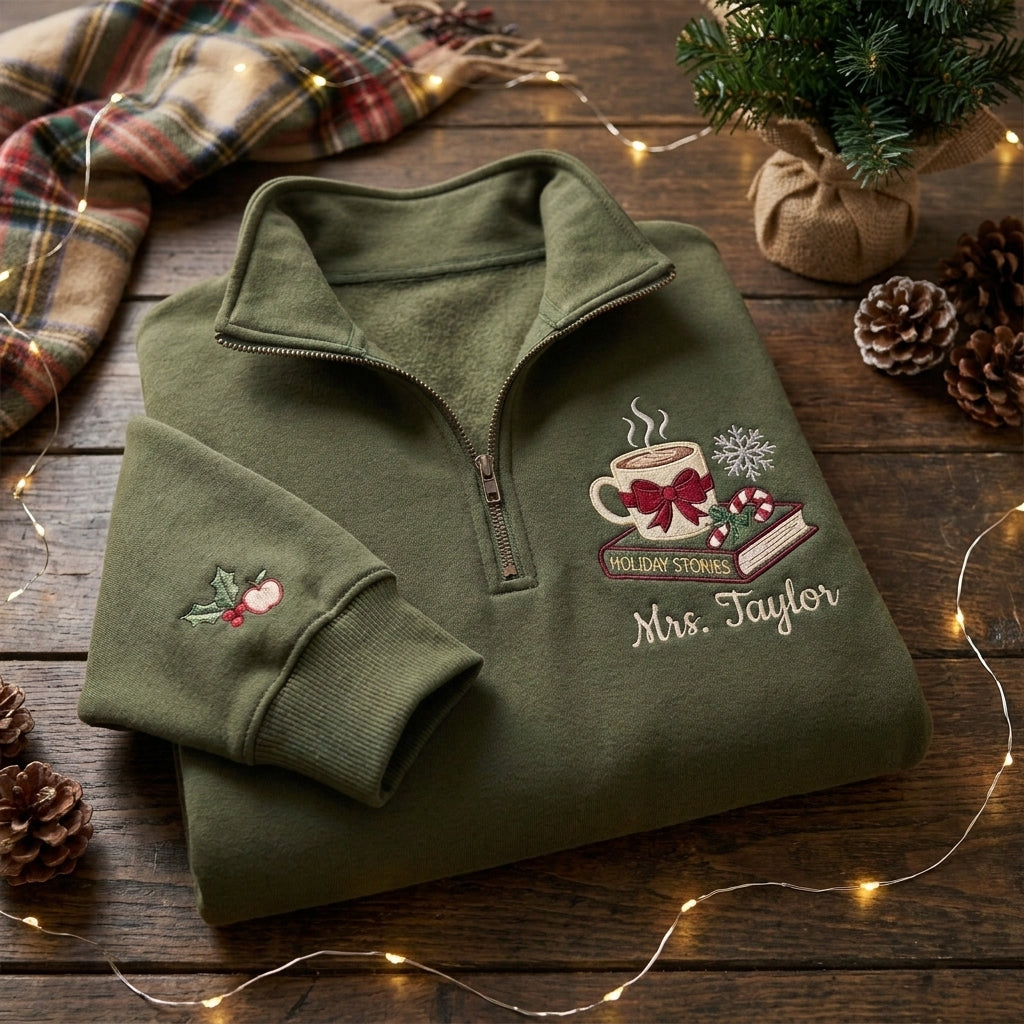Personalized Christmas Teacher Quarter Zip, Embroidered Teacher Name Pullover, Christmas Gift for Teacher, Holiday School Quarter Zip