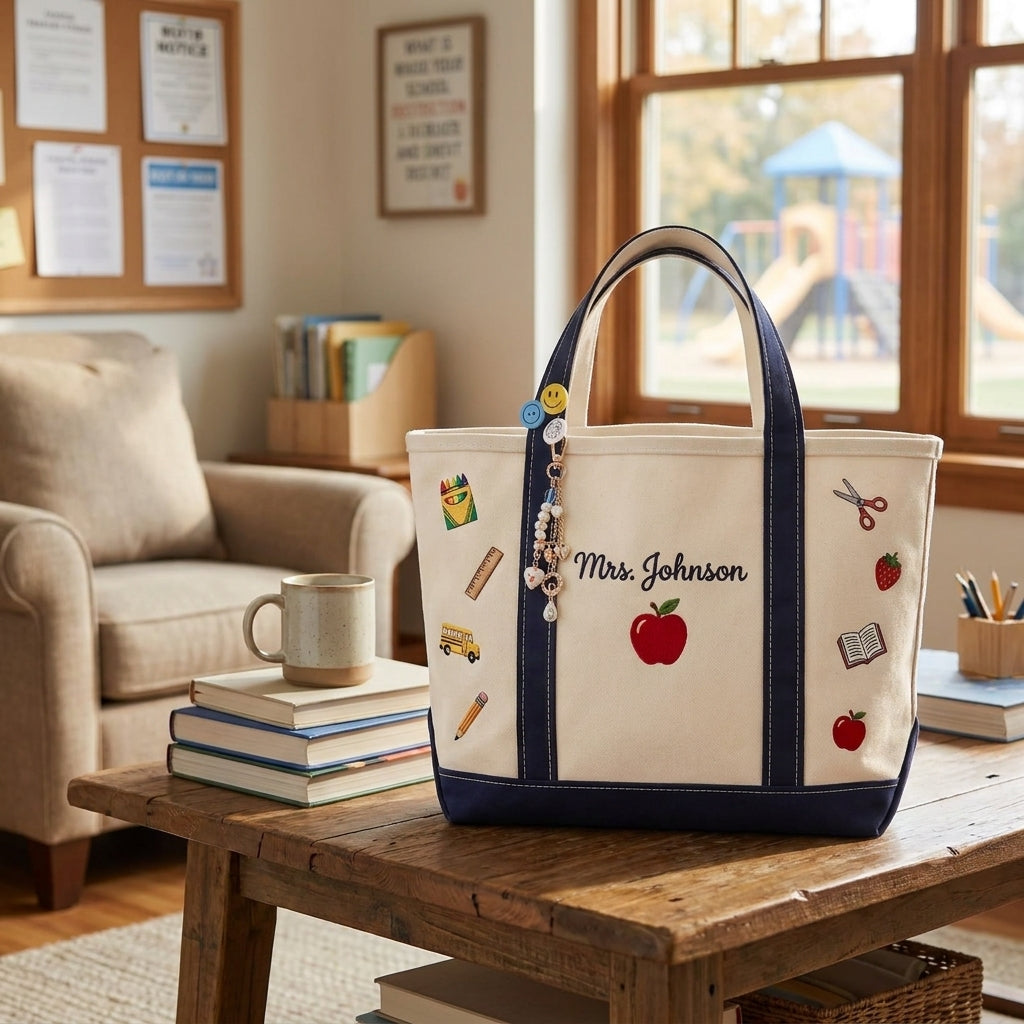 Personalized Teacher Tote Bag, Embroidered School Icons Canvas Bag, Custom Name Teacher Appreciation Gift, Back to School Gift