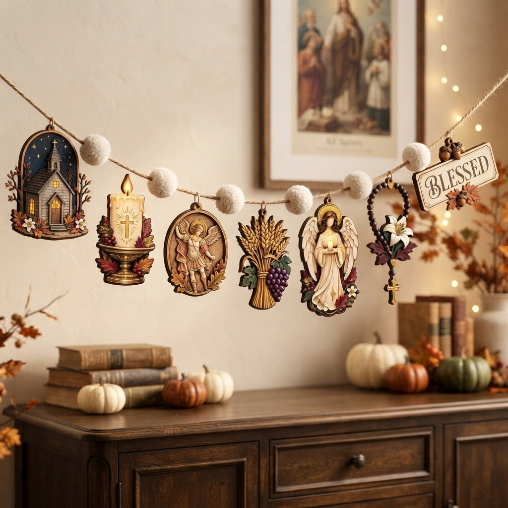 Christian Fall Garland, All Saints Day Decor, Hallowtide Wooden Hanging, Catholic Home Decor, Religious Autumn Garland, Fall Mantel Decoration