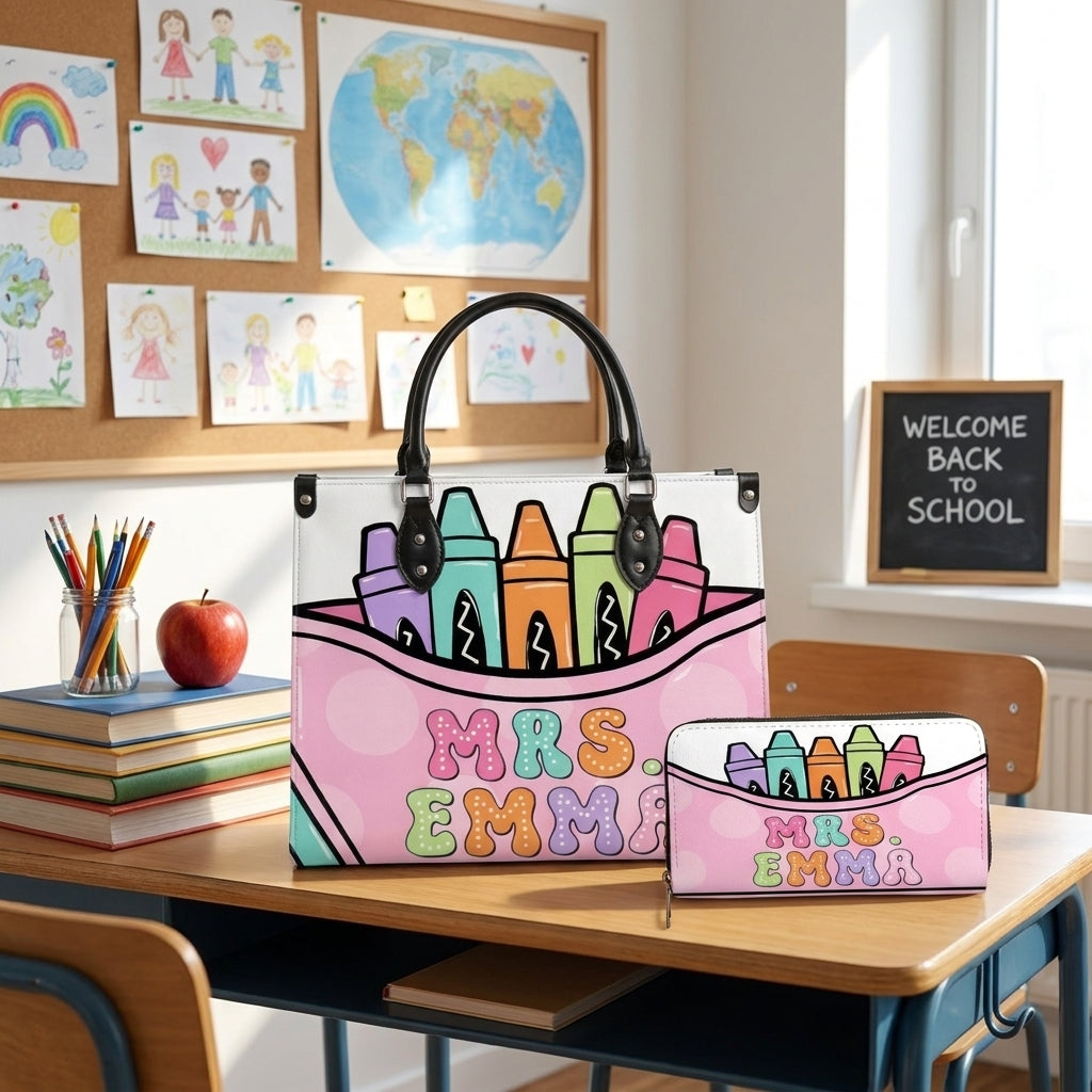 Pastel Crayon Box Personalized Leather Bag + Free Matching Leather Wallet