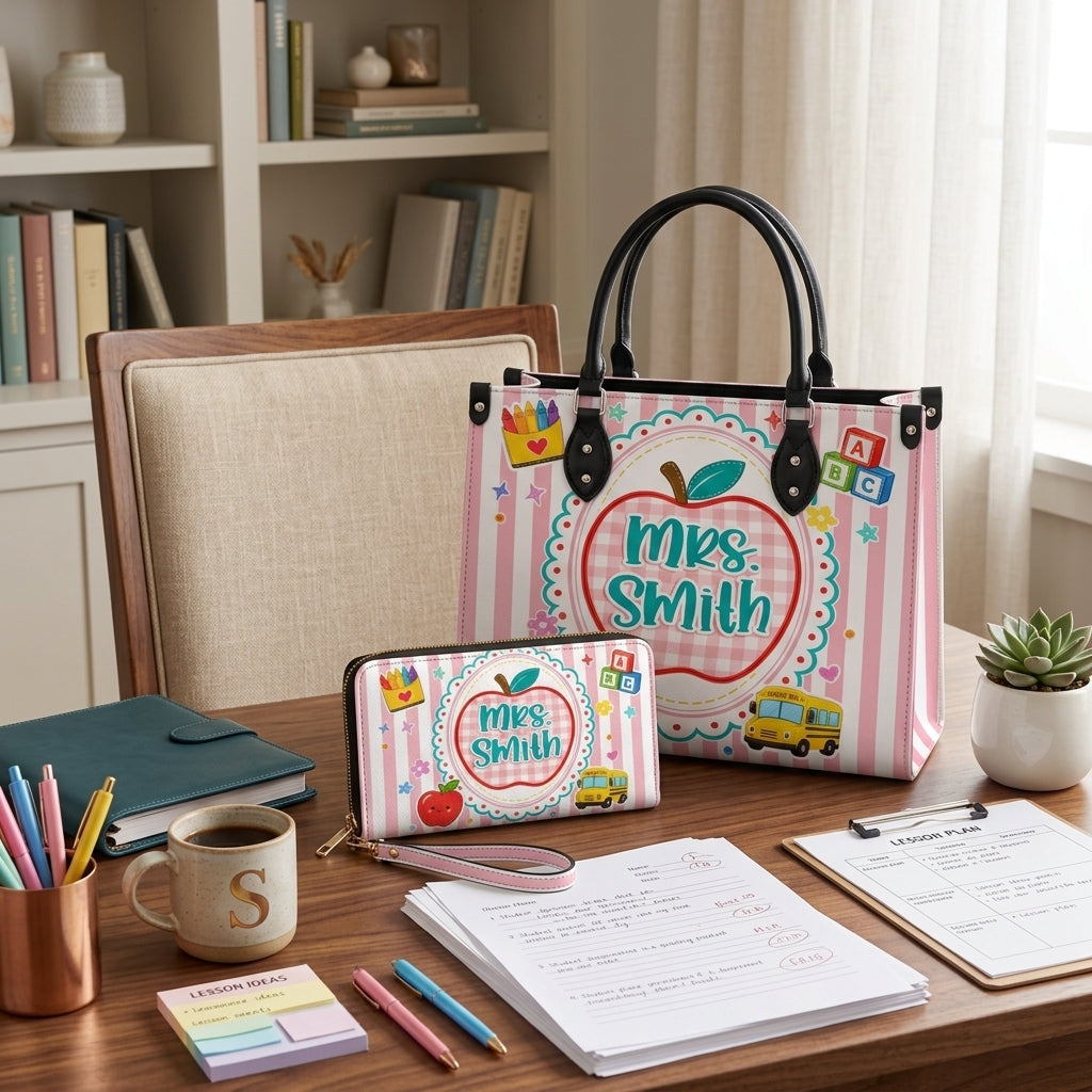 Back to School Apple Personalized Leather Bag + Free Matching Leather Wallet