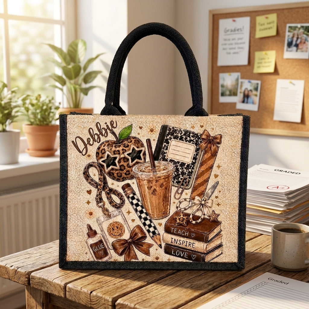 Personalized Teacher Tote Bag with Name, Cute Coffee & School Supplies Jute Bag, Teacher Appreciation Gift, Back to School Gift for Her