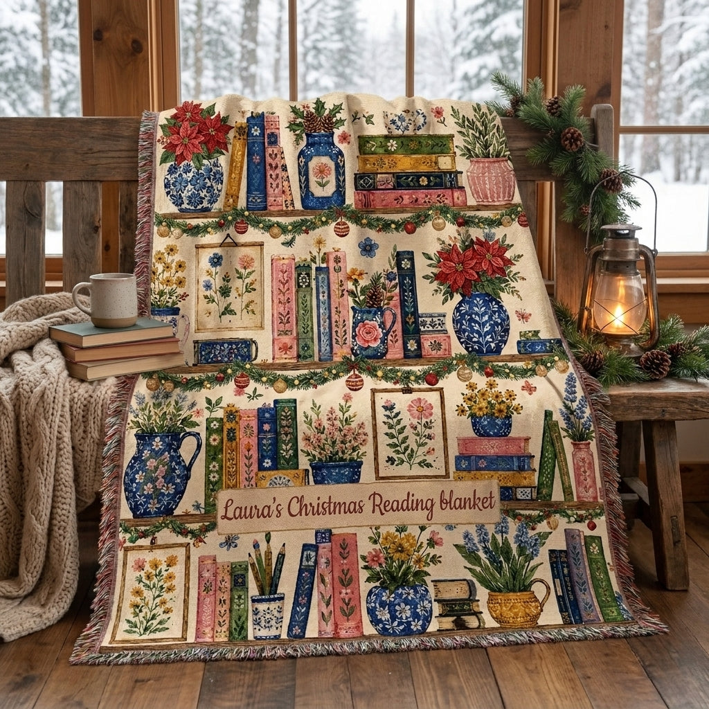 Personalized Christmas Reading Blanket, Book Lover Woven Throw, Cozy Bookish Blanket, Christmas Gift for Reader, Bookworm Gift