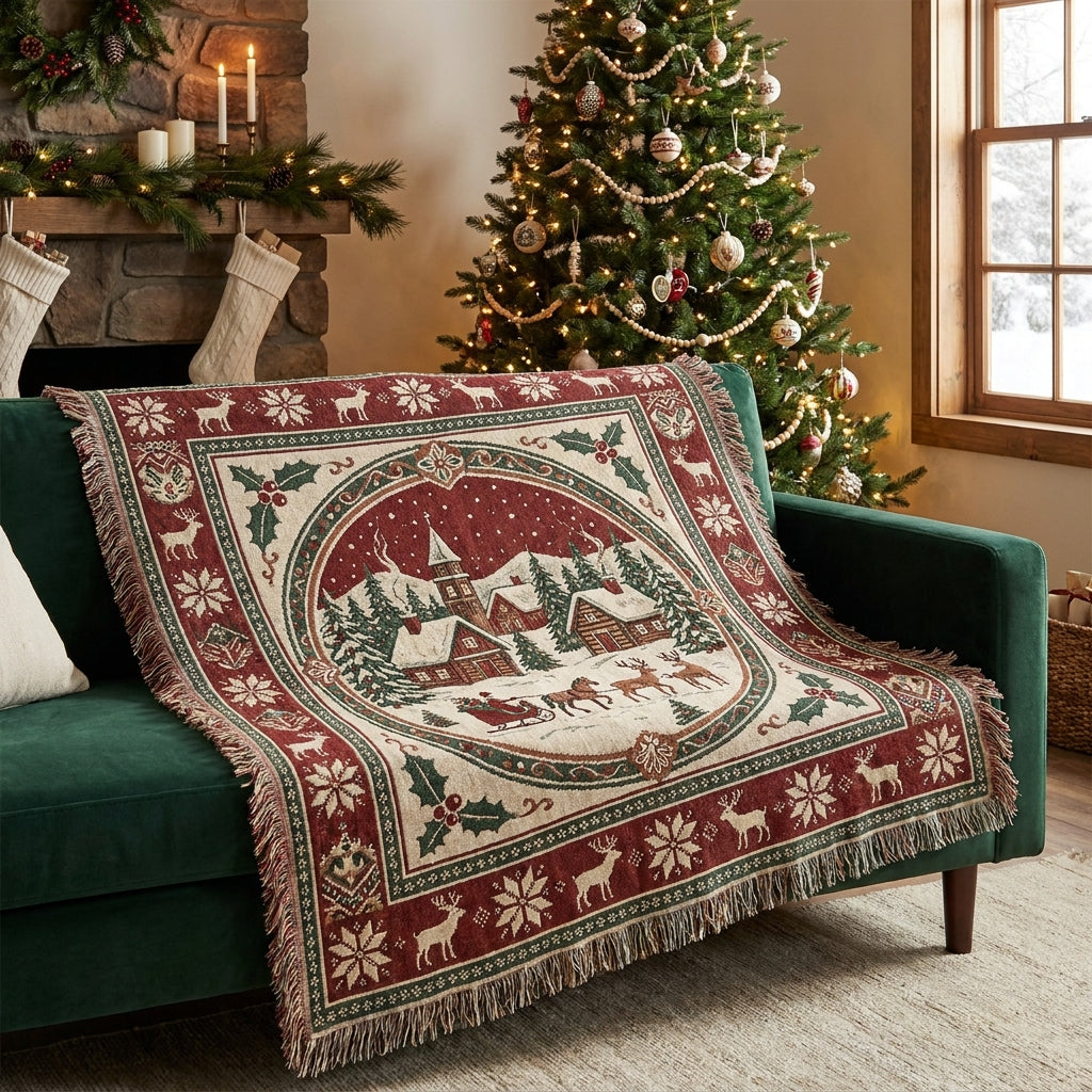 Vintage Christmas Snowy Village Woven Blanket – Cozy Holiday Throw Blanket