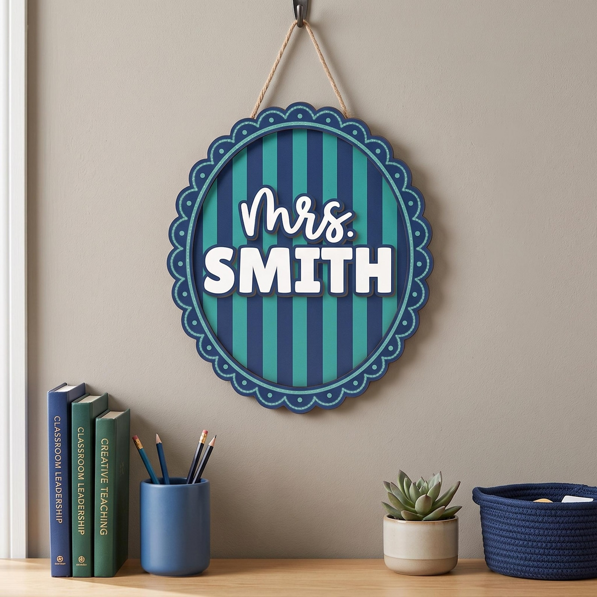 Personalized Teacher Name Sign, Custom Acrylic Classroom Magnet, Teacher Desk Decor, Gingham Pennant Nameplate, Back to School Gift