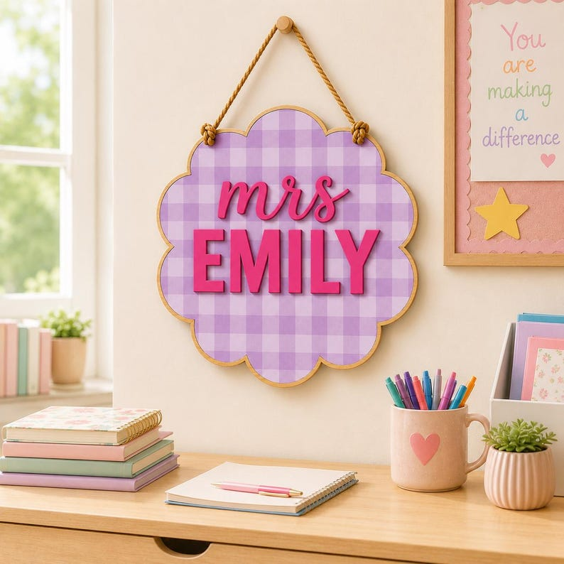 Pancarte de porte personnalisée pour professeur, suspension de porte de classe vichy personnalisée, plaque nominative en bois, cadeau de rentrée des classes pour enseignant