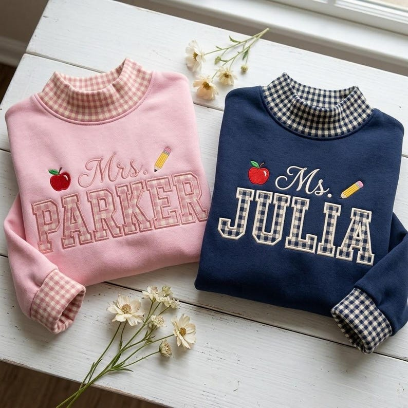 Personalized Teacher Sweatshirt, Custom Name Teacher Crewneck, Gingham Teacher Shirt, Embroidered Style Teacher Gift, Back to School Gift