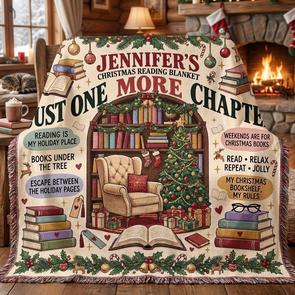 Christmas Book Lover Blanket, Personalized Reading Woven Throw, Bookworm Christmas Gift, Cozy Library Blanket, Gift for Reader