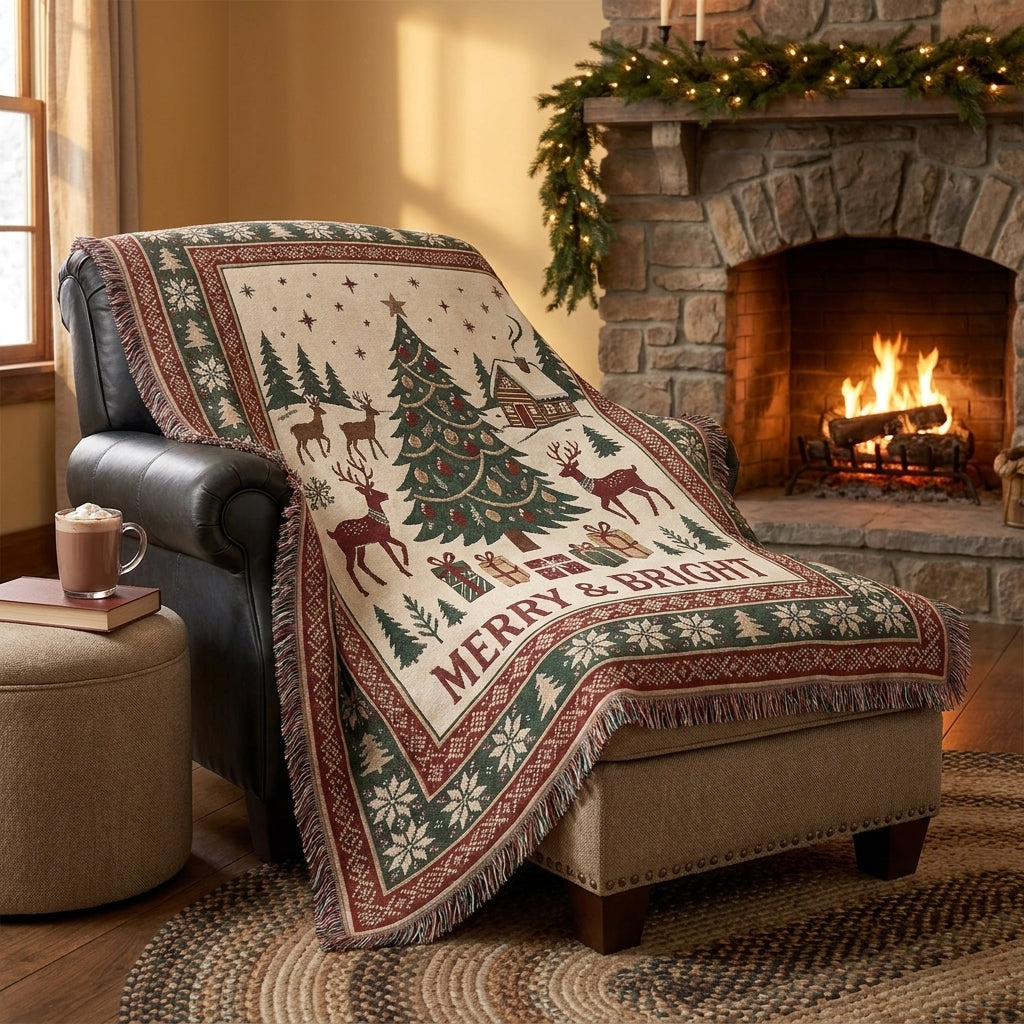 Merry & Bright Christmas Woven Blanket – Christmas Tree & Reindeer Throw Blanket