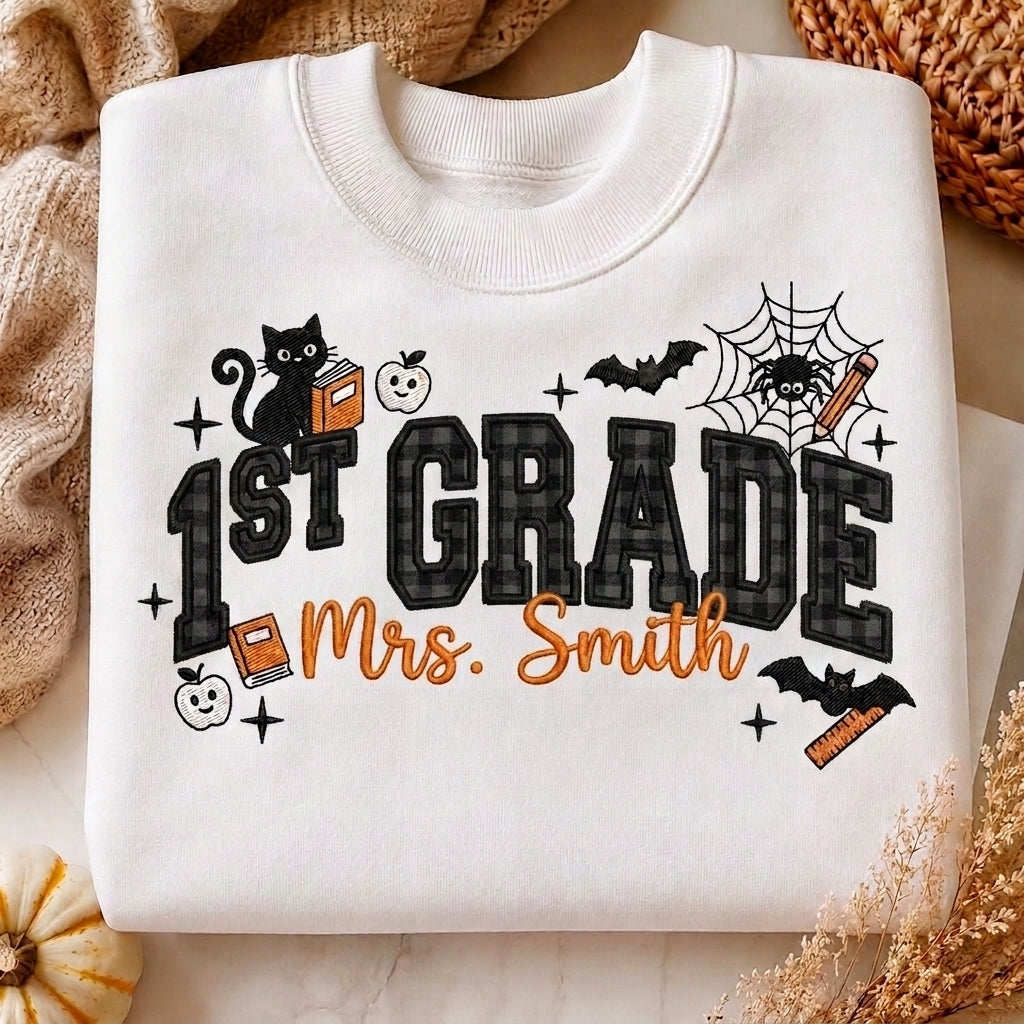 Halloween Teacher Sweatshirt, Personalized Teacher Crewneck, Embroidered Teacher Shirt, Spooky Teacher Pullover