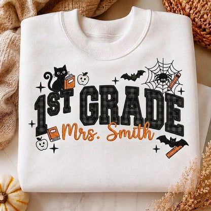 Halloween Teacher Sweatshirt, Personalized Teacher Crewneck, Embroidered Teacher Shirt, Spooky Teacher Pullover