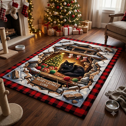 3D Christmas Black Cat Floor Rug, Rustic Holiday Fireplace & Gift Rug