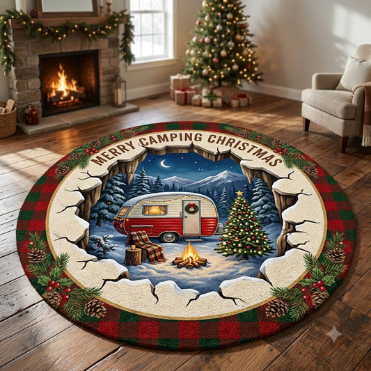 3D Christmas Camping Floor Rug, Cozy Winter Camper & Campfire Holiday Rug
