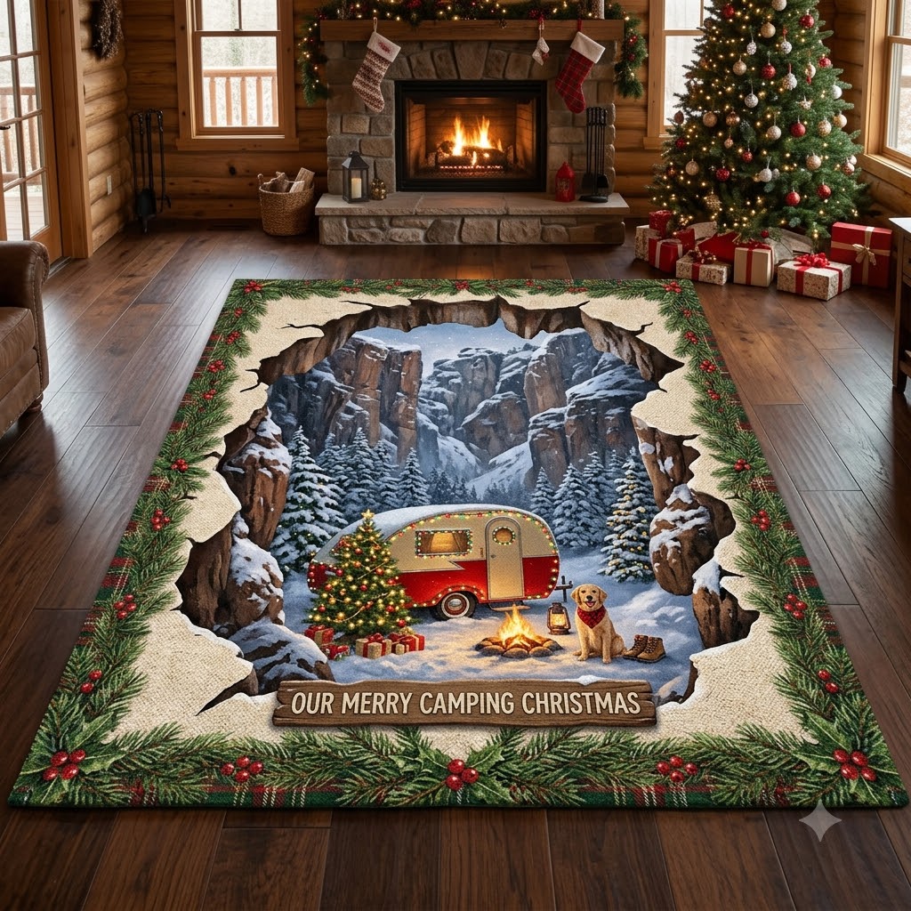 3D Christmas Camping Floor Rug, Winter Camper, Christmas Tree & Campfire Rug