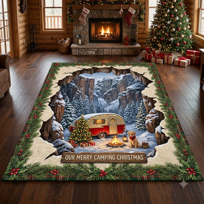 3D Christmas Camping Floor Rug, Winter Camper, Christmas Tree & Campfire Rug