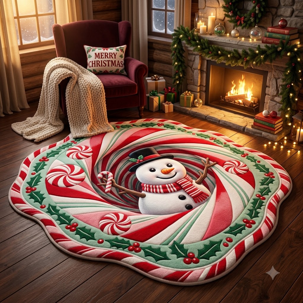 Snowman Christmas Rug, 3D Candy Cane Custom Shape Rug, Holiday Floor Mat, Christmas Home Decor, Winter Wonderland Gift