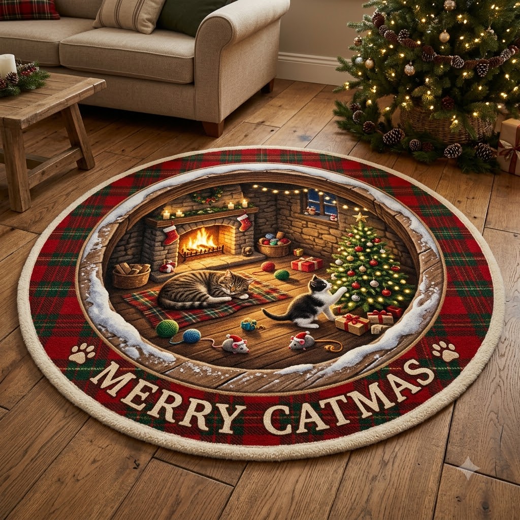 3D Christmas Cat Floor Rug, Cozy Christmas Tree & Gift Cave Rug