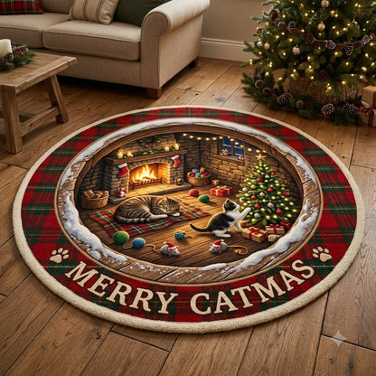 3D Christmas Cat Floor Rug, Cozy Christmas Tree & Gift Cave Rug