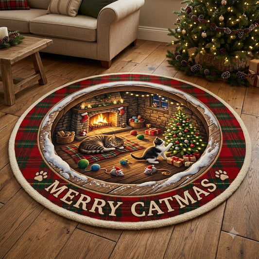 3D Christmas Cat Floor Rug, Cozy Christmas Tree & Gift Cave Rug