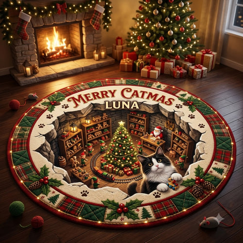 Personalized Christmas Cat Floor Rug, 3D Holiday Gift & Christmas Tree Rug