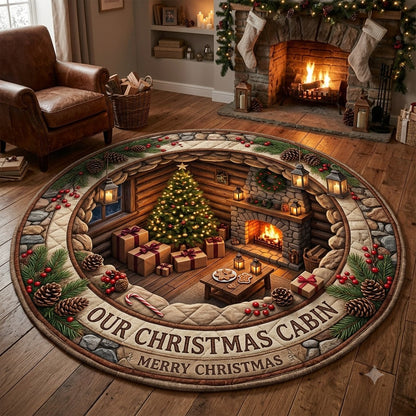 3D Christmas Cabin Floor Rug, Cozy Holiday Lodge, Fireplace & Christmas Tree Rug