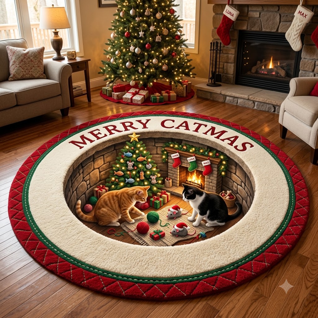 3D Christmas Cat Floor Rug, Cozy Christmas Tree & Gift Cave Rug