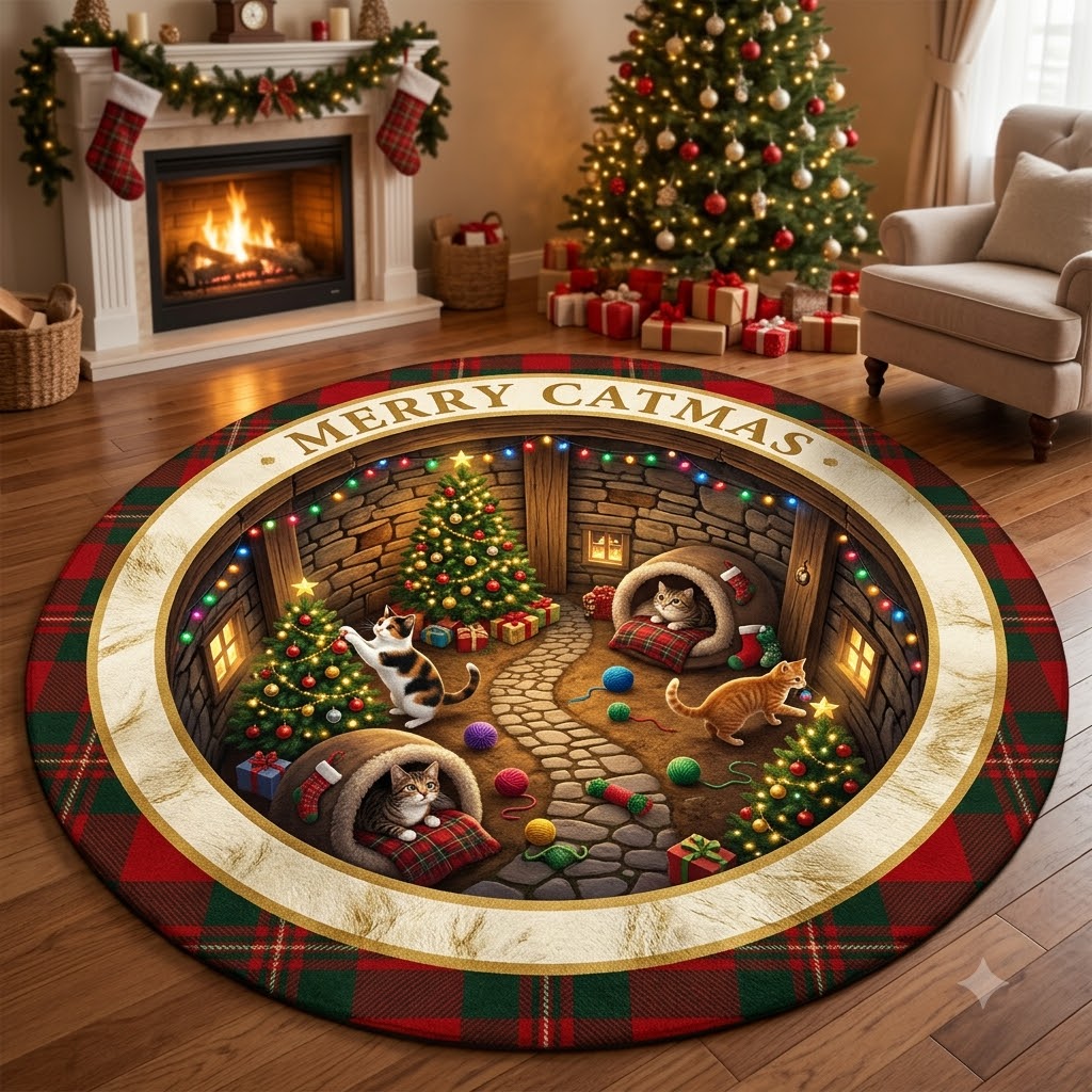 3D Christmas Cat Floor Rug, Cozy Christmas Tree & Gift Cave Rug