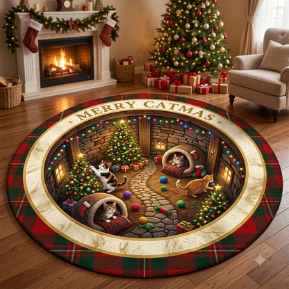 3D Christmas Cat Floor Rug, Cozy Christmas Tree & Gift Cave Rug