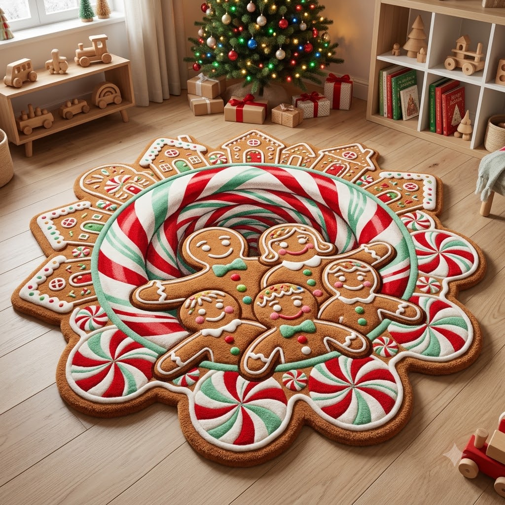 Gingerbread Christmas Rug, 3D Custom Shape Holiday Rug, Candy Cane Floor Mat, Gingerbread Man Home Decor, Xmas Gift