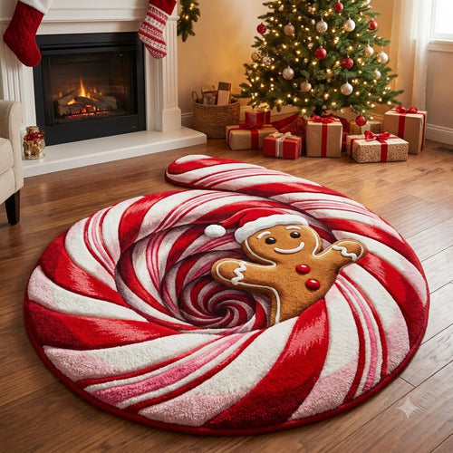 3D Gingerbread Christmas Rug – Candy Cane Swirl Custom Shape Holiday Area Rug