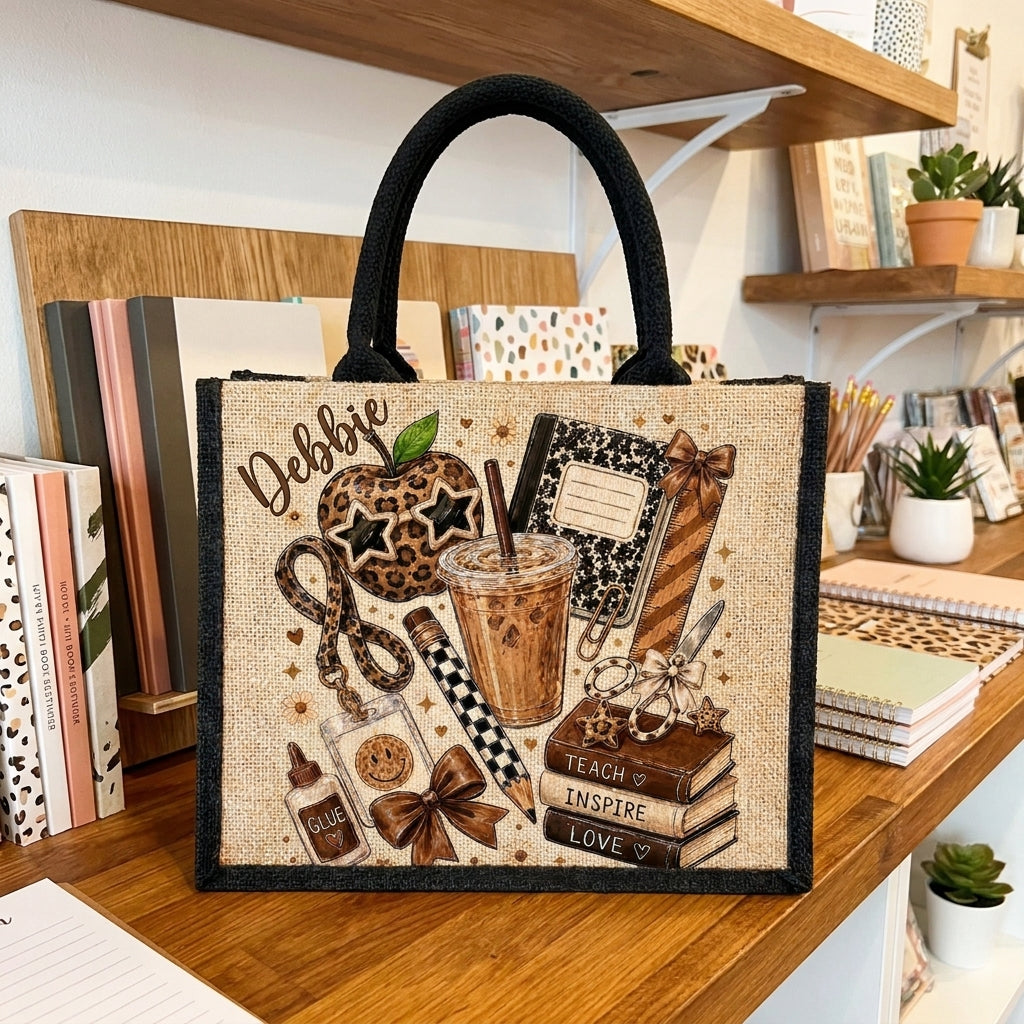 Personalized Teacher Tote Bag with Name, Cute Coffee & School Supplies Jute Bag, Teacher Appreciation Gift, Back to School Gift for Her