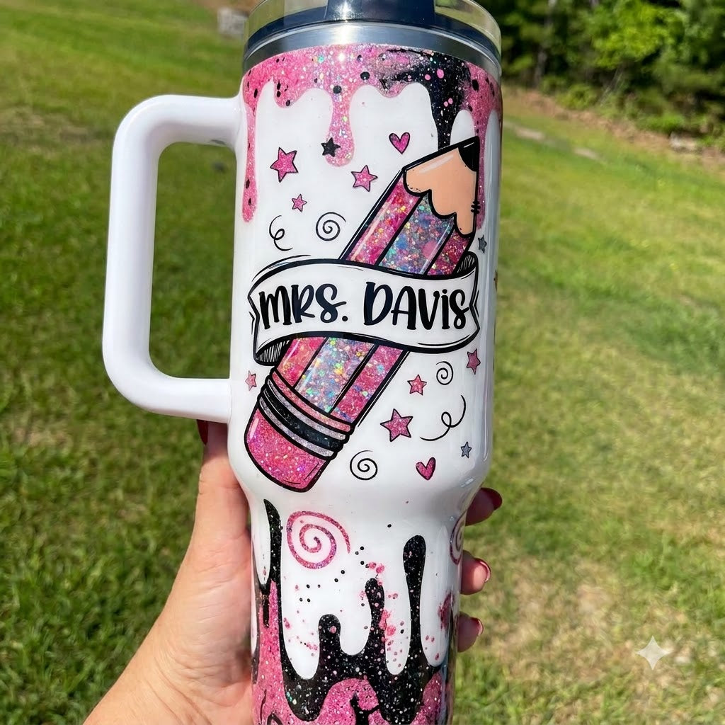 Personalized Teacher Pencil 40oz Tumbler with Handle, Custom Name Teacher Gift