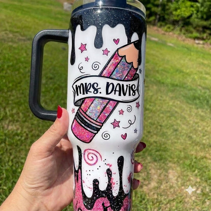 Personalized Teacher Pencil 40oz Tumbler with Handle, Custom Name Teacher Gift