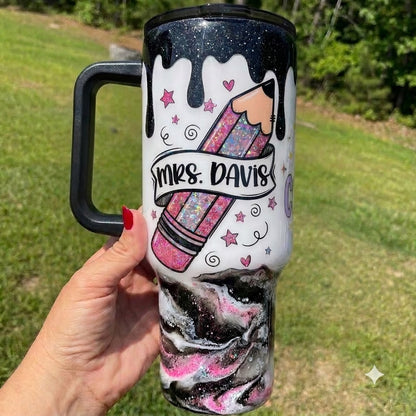 Personalized Teacher Pencil 40oz Tumbler with Handle, Custom Name Teacher Gift
