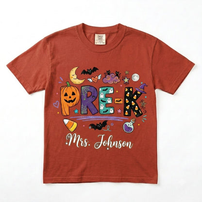 Personalized Halloween Teacher Shirt, Doodle Crayon Design, Back To School Tee
