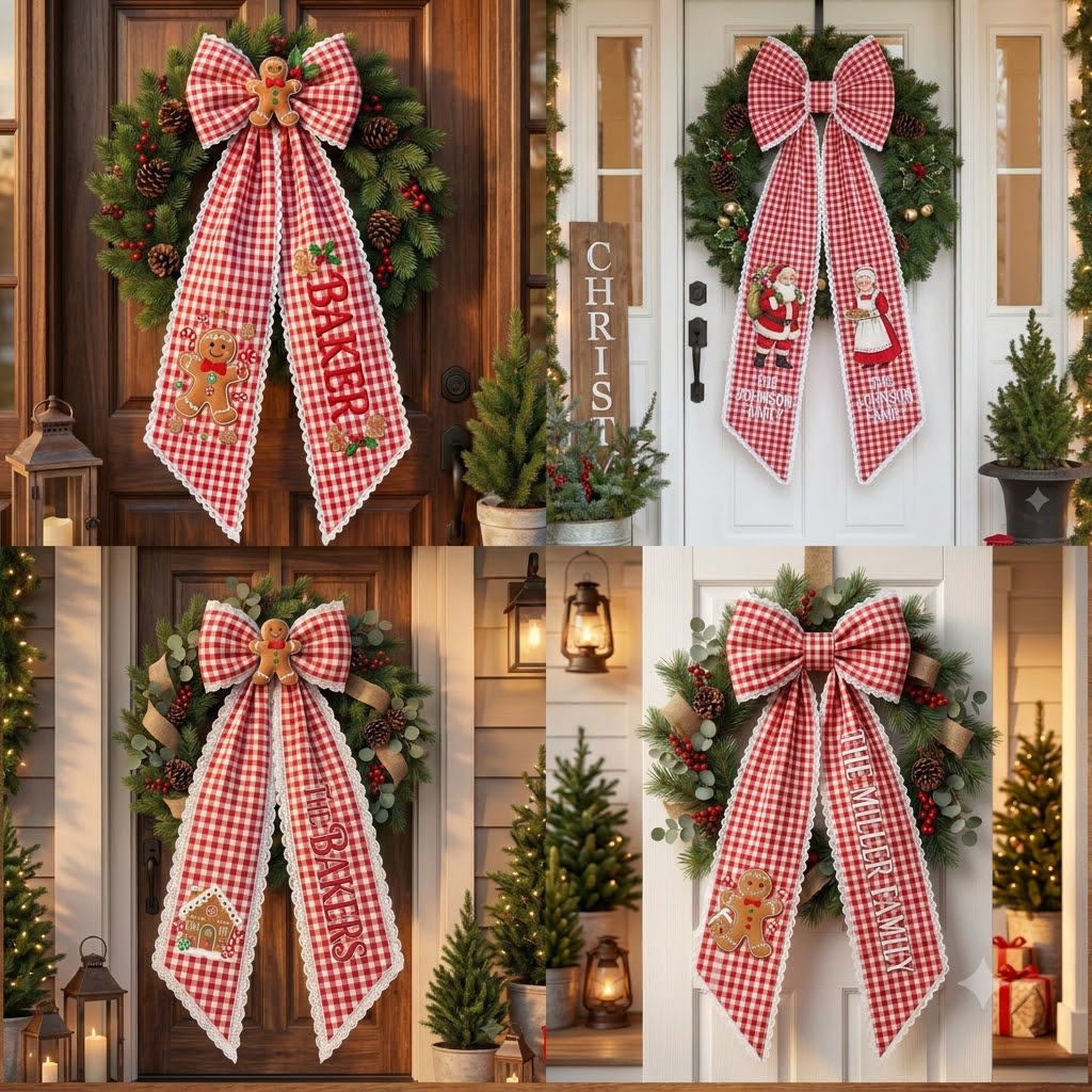 Personalized Christmas Gingham Wreath Sash with Gingerbread Baker Bow, Custom Name Door Decor