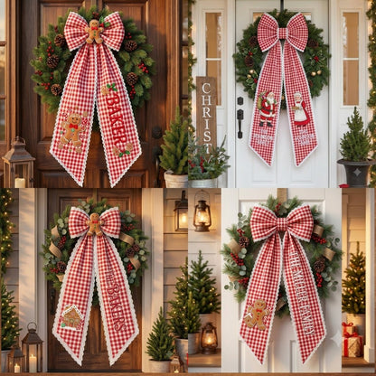 Personalized Christmas Gingham Wreath Sash with Gingerbread Baker Bow, Custom Name Door Decor
