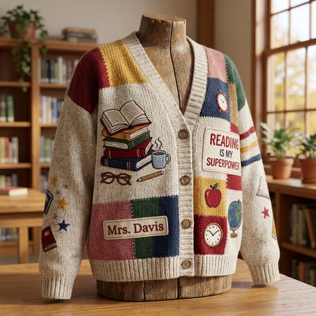 Cardigan pull personnalisé pour enseignant(e), Cardigan tricoté avec nom d'enseignant(e) personnalisé, Cadeau d'enseignant(e) pour la rentrée scolaire, Joli vêtement de classe. Chemise d'enseignant(e)