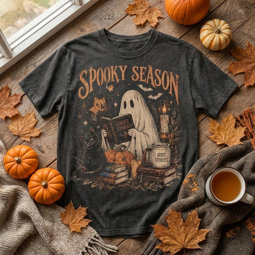 Spooky Season T-Shirt, Halloween Ghost Shirt, Black Cat Shirt, Gothic Fall Tee, Witchy Book Lover Shirt, Cozy Halloween Tee