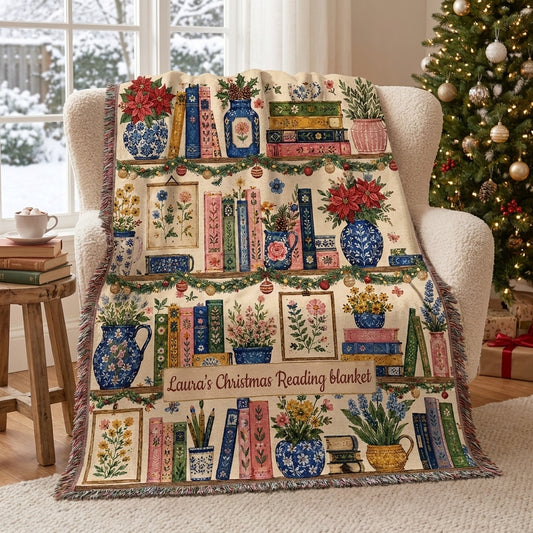 Personalized Christmas Reading Blanket, Book Lover Woven Throw, Cozy Bookish Blanket, Christmas Gift for Reader, Bookworm Gift