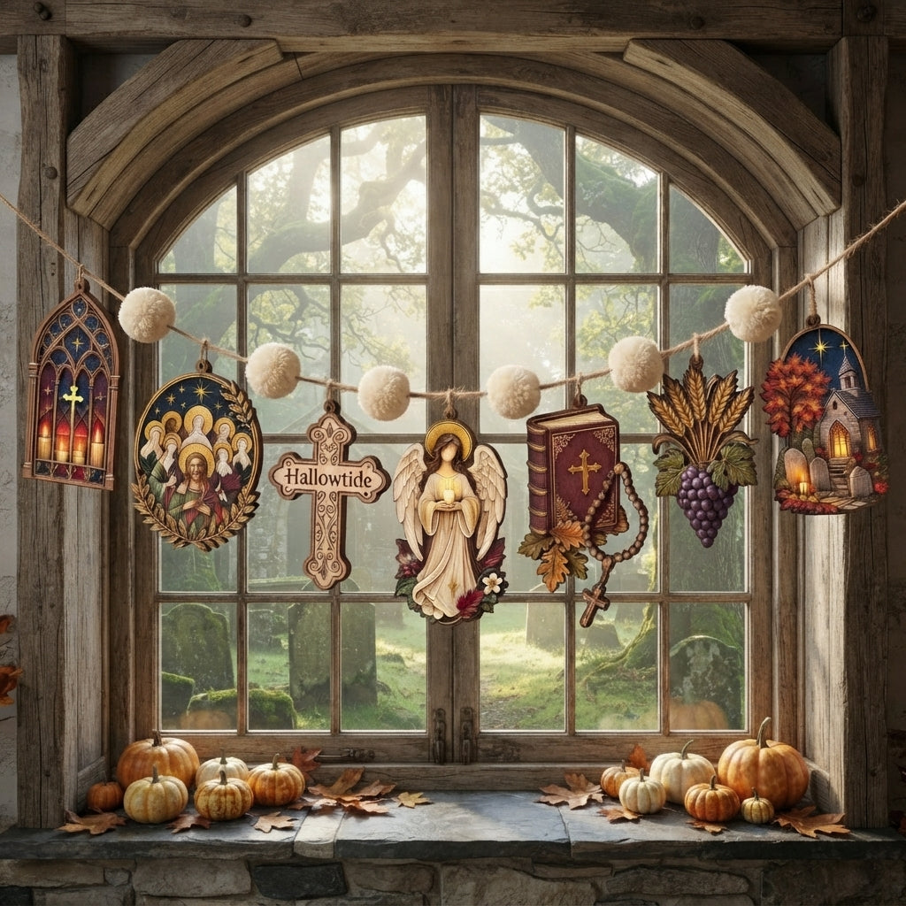 Hallowtide Wooden Garland, All Saints Day Decor, Catholic Fall Garland, Christian Autumn Wall Hanging, Religious Home Decor, Fall Mantel Decor