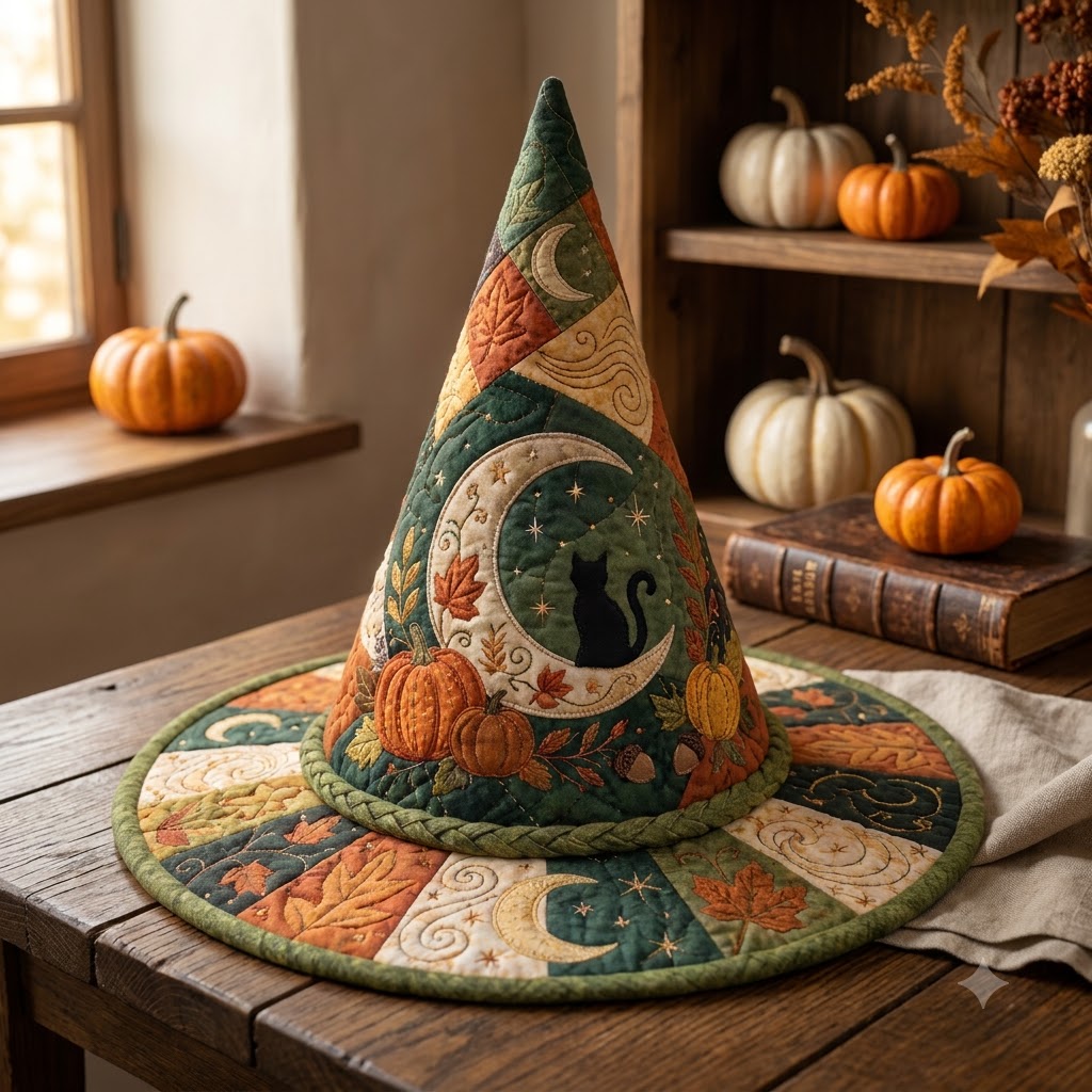 Black Cat Moon Quilted Witch Hat