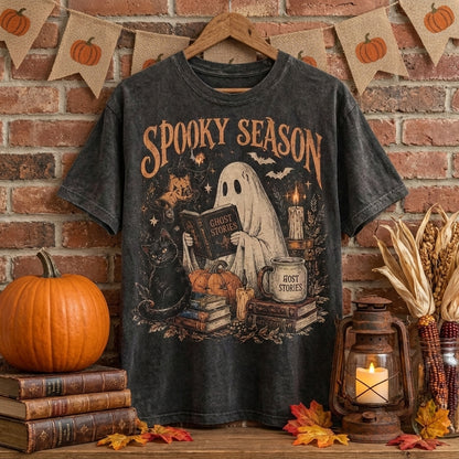 Spooky Season T-Shirt, Halloween Ghost Shirt, Black Cat Shirt, Gothic Fall Tee, Witchy Book Lover Shirt, Cozy Halloween Tee