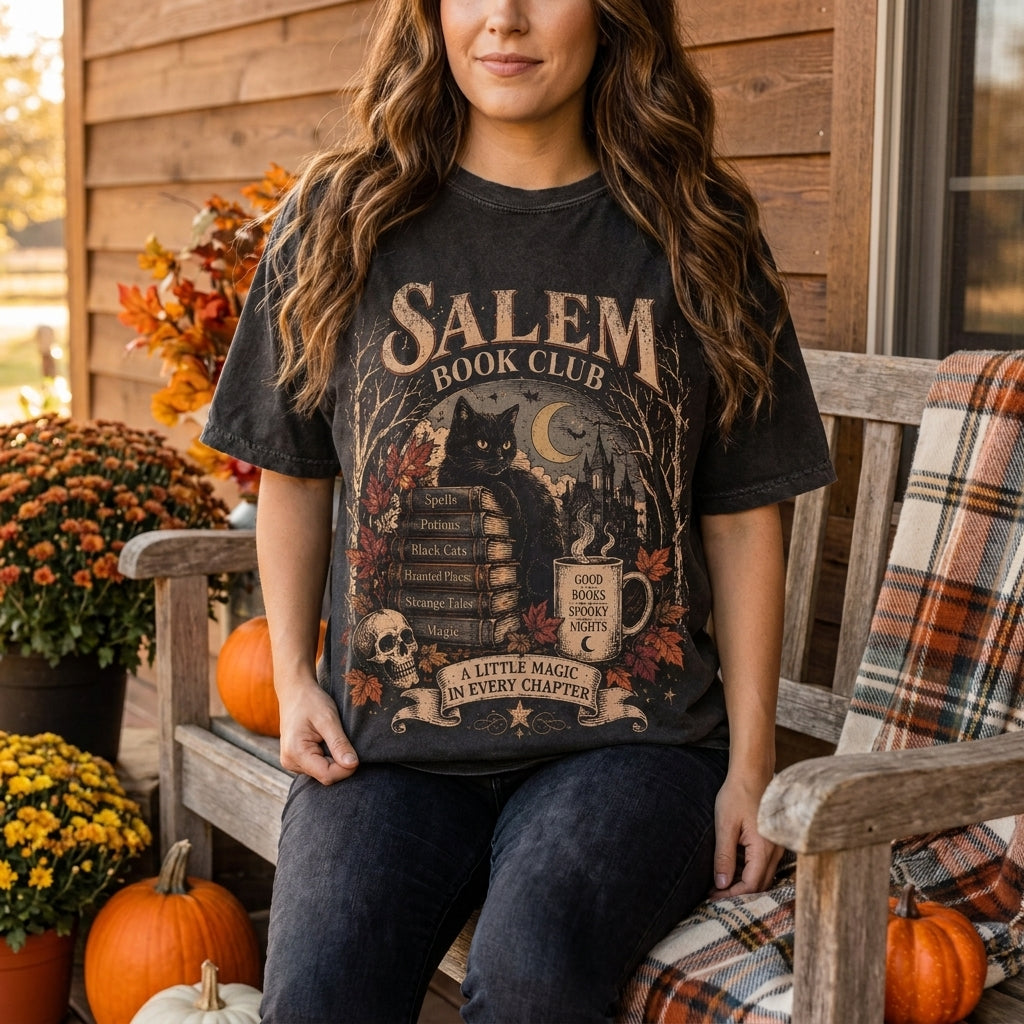Salem Book Club T-Shirt, Gothic Halloween Shirt, Black Cat Book Lover Tee, Witchy Book Club Shirt, Vintage Spooky Fall Tee