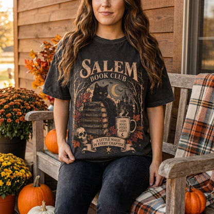 Salem Book Club T-Shirt, Gothic Halloween Shirt, Black Cat Book Lover Tee, Witchy Book Club Shirt, Vintage Spooky Fall Tee