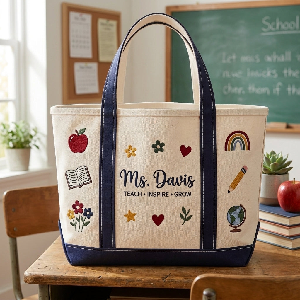 Personalized Teacher Floral Tote Bag, Embroidered School Icons Canvas Bag, Custom Name Teacher Appreciation Gift, Back to School Gift