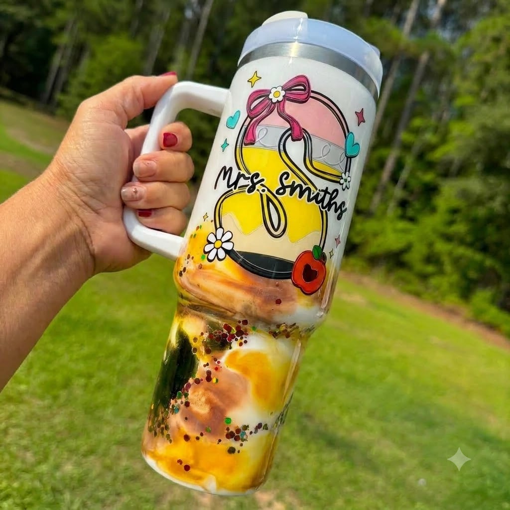 Personalized Teacher Pencil 40oz Tumbler with Handle, Custom Teacher Name Gift
