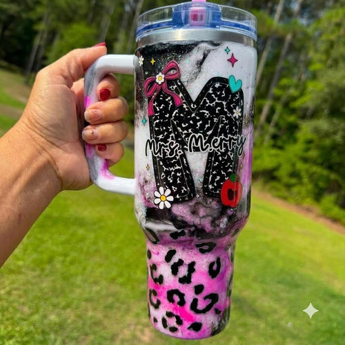 Personalized Teacher Initial 40oz Tumbler with Handle, Custom Name Teacher Gift
